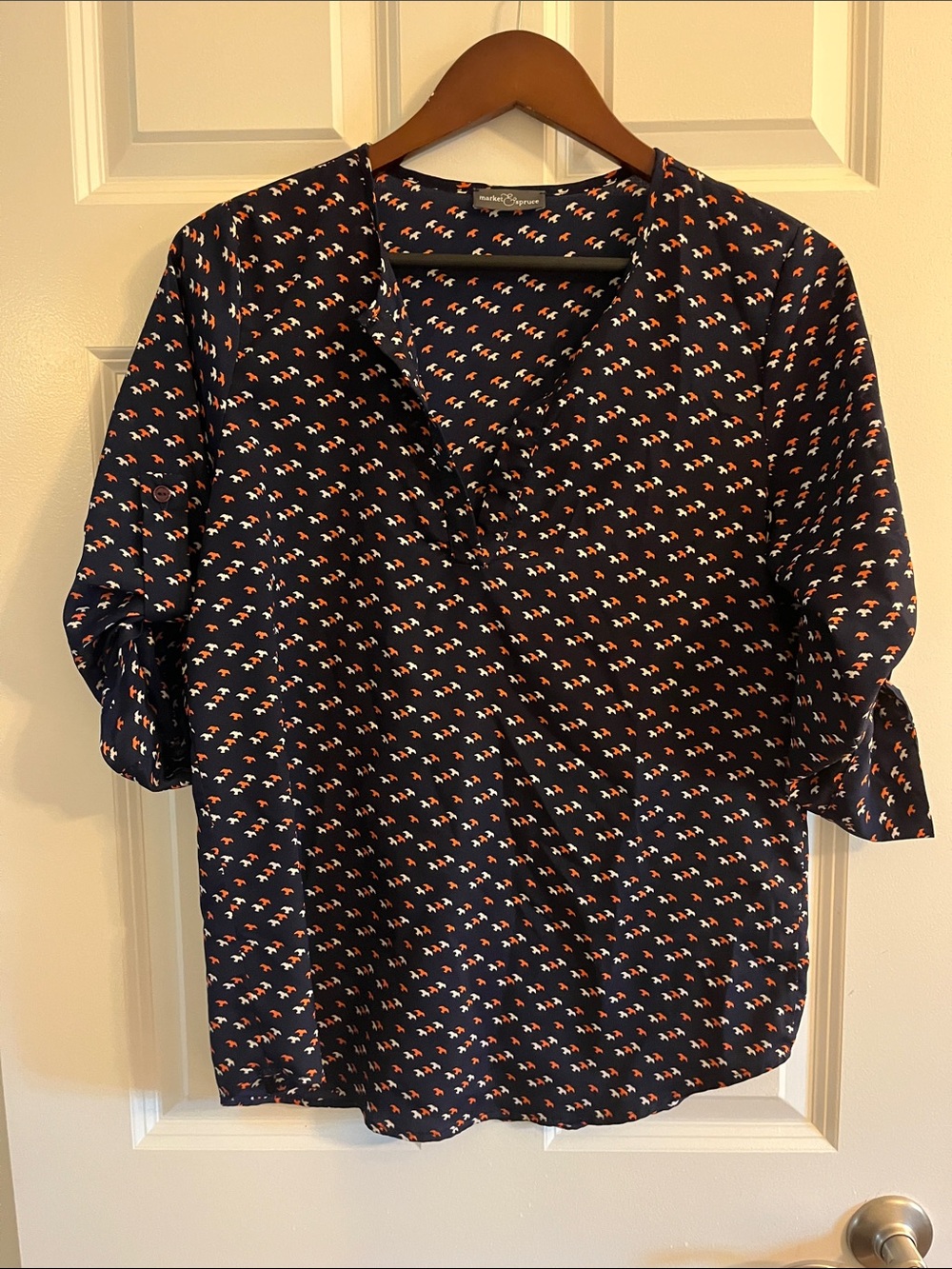 Market & Spruce Navy Blouse with Coral and White Floral Motif